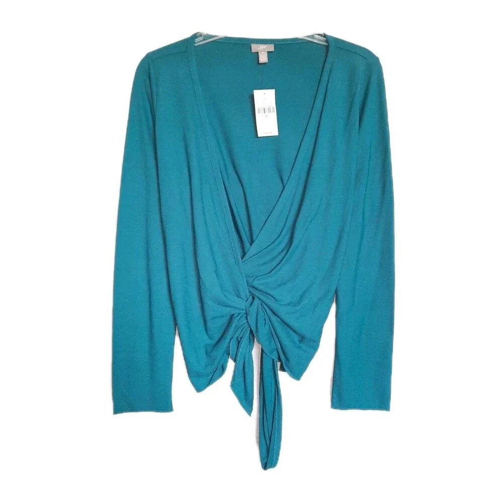 NWT J. Jill LS Jersey Wrap Knit Top Side Tie Teal / Blue Travel Layer Sz S